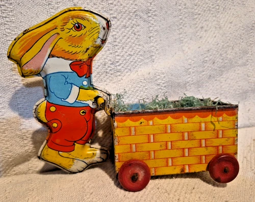 Vintage J Chein Metal Bunny Rabbit with Cart Easter Colorful Original grass?