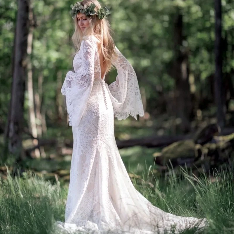 Mermaid Lace Wedding Dresses Backless Long Sleeves Rustic Bridal Gown Customized - Image 2 of 4