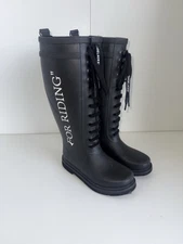 Off-White Black Rubber Leather All Weather Rain Riding Boots EU Size 36