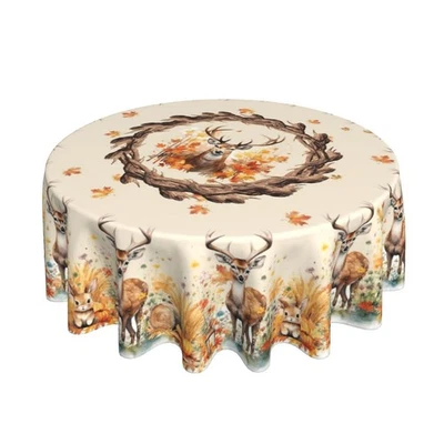 Fall Round Tablecloth 60 Inch Autumn Deer Maple Leaf Table Cloth Round Orange...