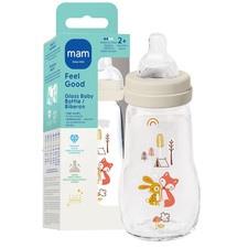 MAM 9Oz Premium Glass Baby Bottle Newborn, Wide Neck Medium Flow Breastfeeding l