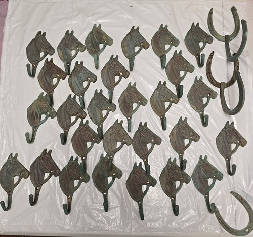 30+ 3 Brass Vintage Horsehead Hooks Hang Anything In/On Stall