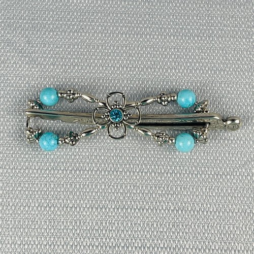Lilla Rose Flexi Hair Clip Silvertone with Turquoise Beads Floral Center Medium