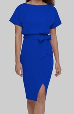 Kensie Womens Blue Blouson Wrap Lined Boat Neck Stretch Sheath Dress Size 8