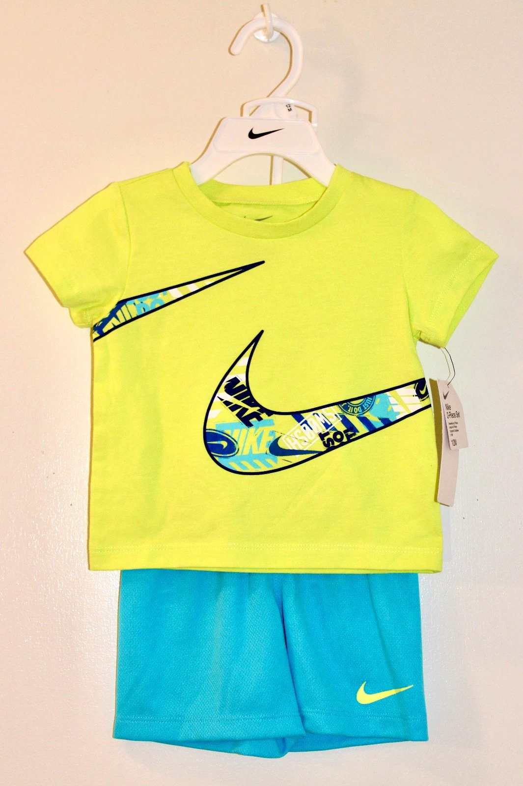 NWT Nike Infant Boys Baltic Blue Swoosh Logo SS 2pc Short Set sz 12M 24M