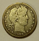1908 Barber Silver Quarter - 90% Silver