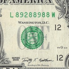 Series 2009 San Francisco District L Run W 5 of a Kind $1 Dollar Bill L89288988W