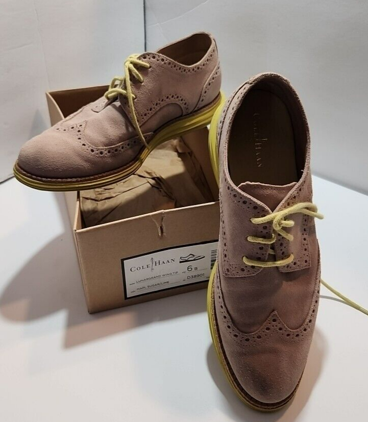 SAOLA Scarpe da donna Cole Haan Lunar Grand Wing Tip Oxford beige pelle scamosciata stringate SIze 6B