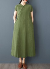 Summer Womens Long Dress Short Sleeve A-line cheongsam Pullover Qi Pao Dress