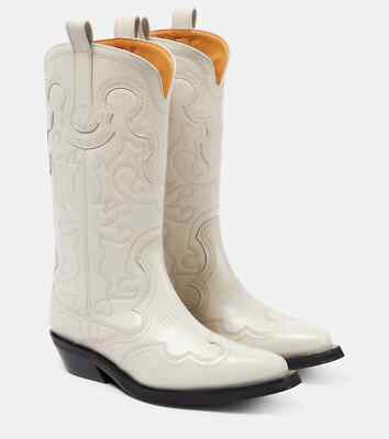 Ganni WHITE MID SHAFT EMBROIDERED WESTERN BOOTS EGRET Origin $825 