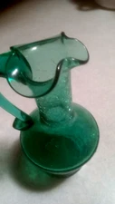 Vintage, Hand Blown Green Glass Cruet Bottle,  vinager holder, with handle