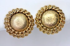 Vintage Gold Tone Domed Clip on Earrings Rope Braid Cross Hatch