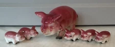 Vtg Bone China Miniature 6 Pig Family Figurines Pink Piglets Japan Sticker