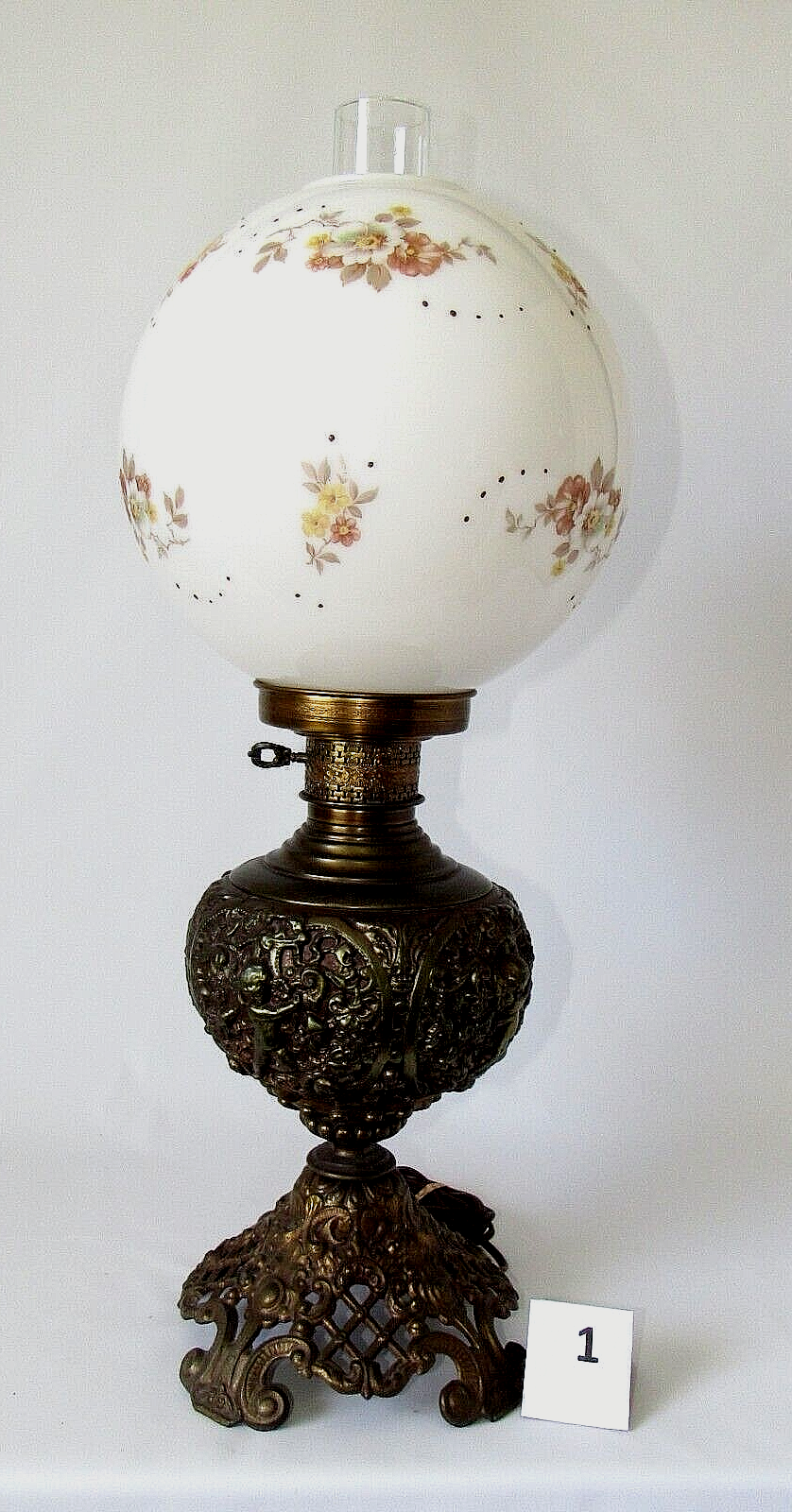 Table Lamp  Milk Glass Hand Painted Globes with Heavy Brass Base 25