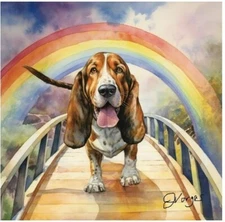 Watercolor Basset Hound Dog Raindow Bow Bridge Art Print INCLUDES 11X14 Matting
