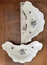 Two Vintage Crescent  Bone or Trinket Dishes Scalloped edges, Beautiful Violets