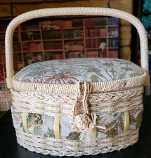 Vintage Floral Cloth  Wicker Basket Handled Sewing Box 9 x 7 x 4" With Contents 