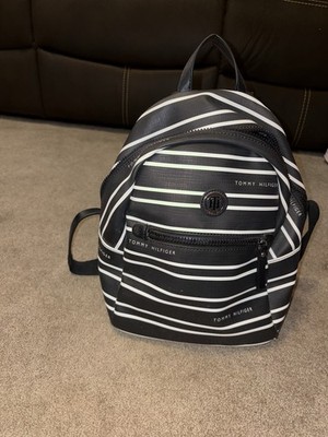 Tommy Hilfiger Striped Black White Studded Backpack Zip Closure Women