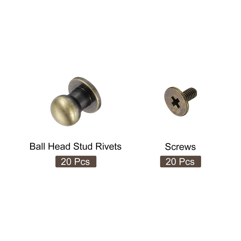 20Sets Brass Ball Head Stud Rivets, 6mm Screw Back Button Nipple Rivet ...