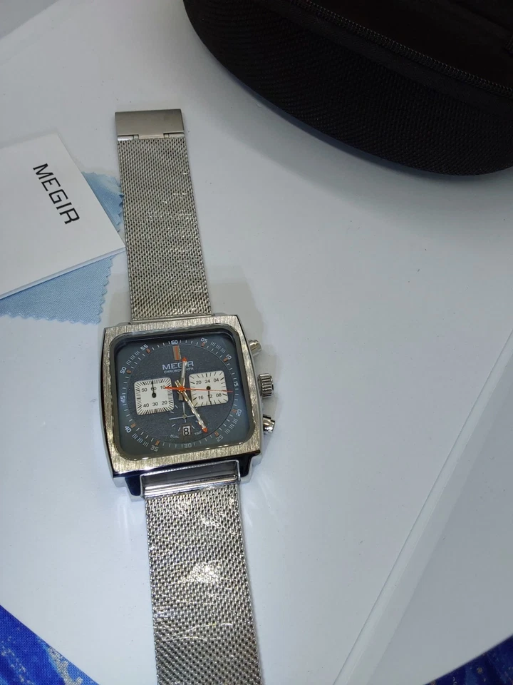 Cronógrafo Cuadrado Cuarzo Megir con Plata Acero Inoxidable Milan Mesche Azul Foto 3 de 4