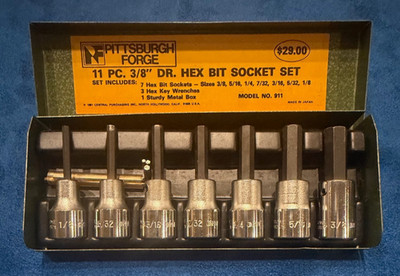 Vtg 1981 Pittsburgh Forge 11 PC STD 3/8'' Hex Bit Socket Set Model 911 Metal Box