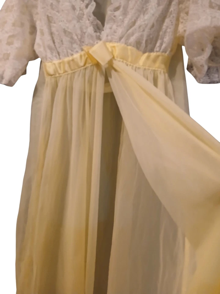 复古 Peignor 黄色白色荷叶边袖口长款长裙垂褶长袍中号 — 第 4/4 张图片