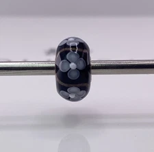 Trollbeads Black Glass Bead with White Flower Petals New Retired Rare