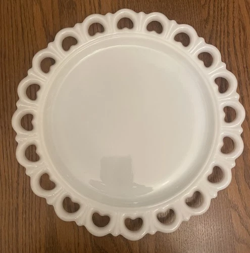 Vintage 13” Anchor Hocking White Milk Glass Lace Edge Serving Platter Cake Plate