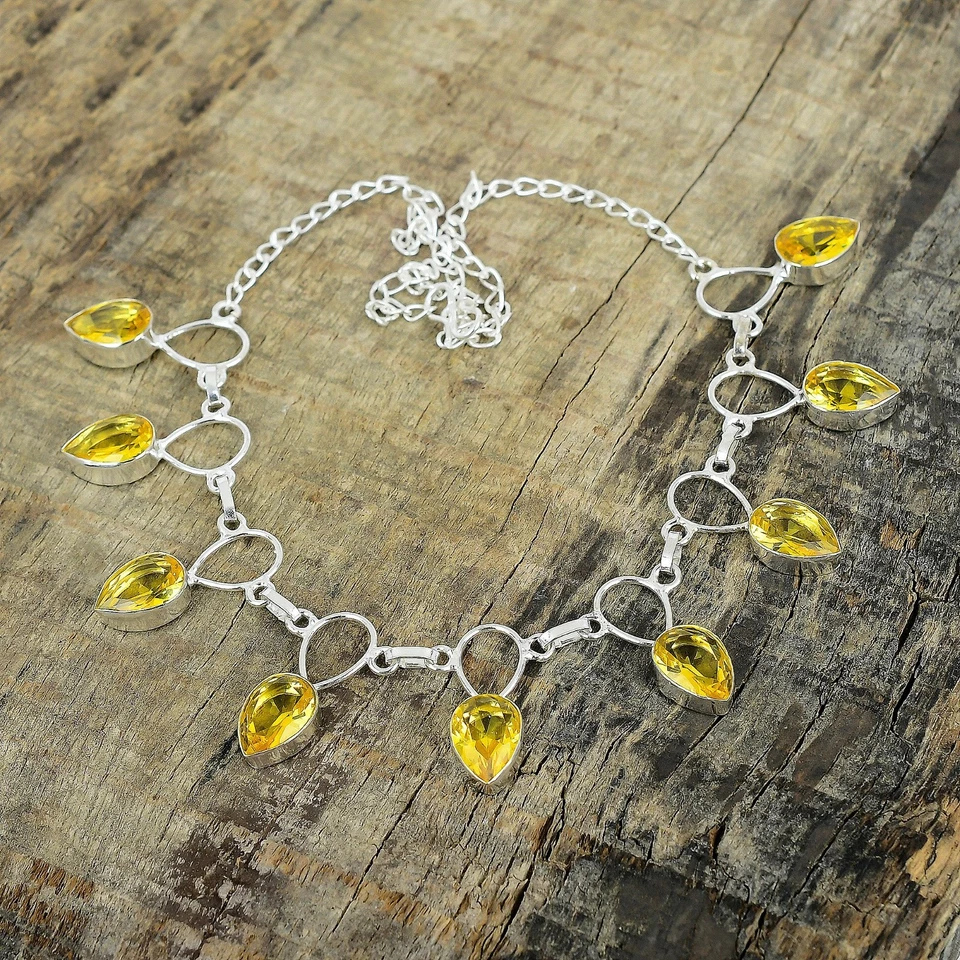 925 Argento Sterling Giallo Citrino Gemma Mano Gioielli Collana Per Regali - Immagine 2 di 4