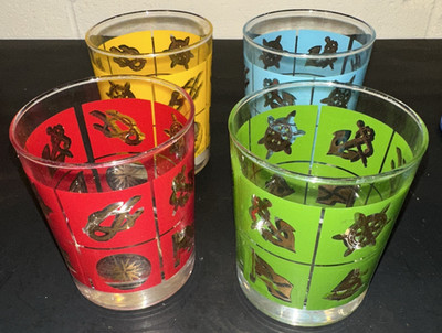 4 Vtg MCM Blue, Yellow, Red & Green Nautical Ship Whiskey Rocks Glasses France