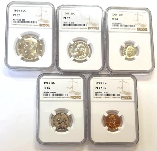 1964 NGC 5 Coin PF 67 Silver Proof Set-Half Dollar, Quarter, Dime, Nickel, Cent