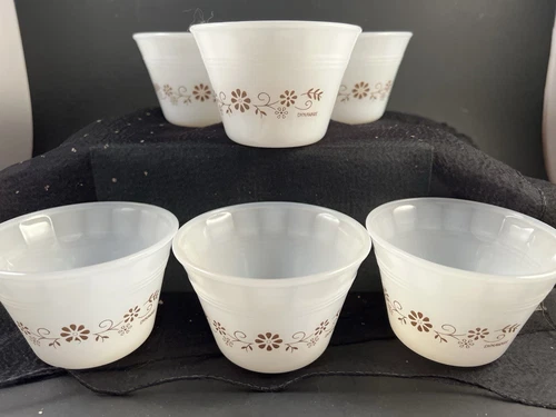 Vintage Dynaware (Mexican Pyrex) Milk Glass Brown Daisy PatternCustard Cups Set6