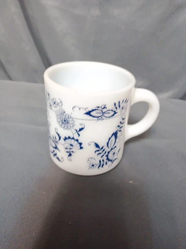 Vintage Hazel Atlas Platonite Milk Glass Mug Blue Vine