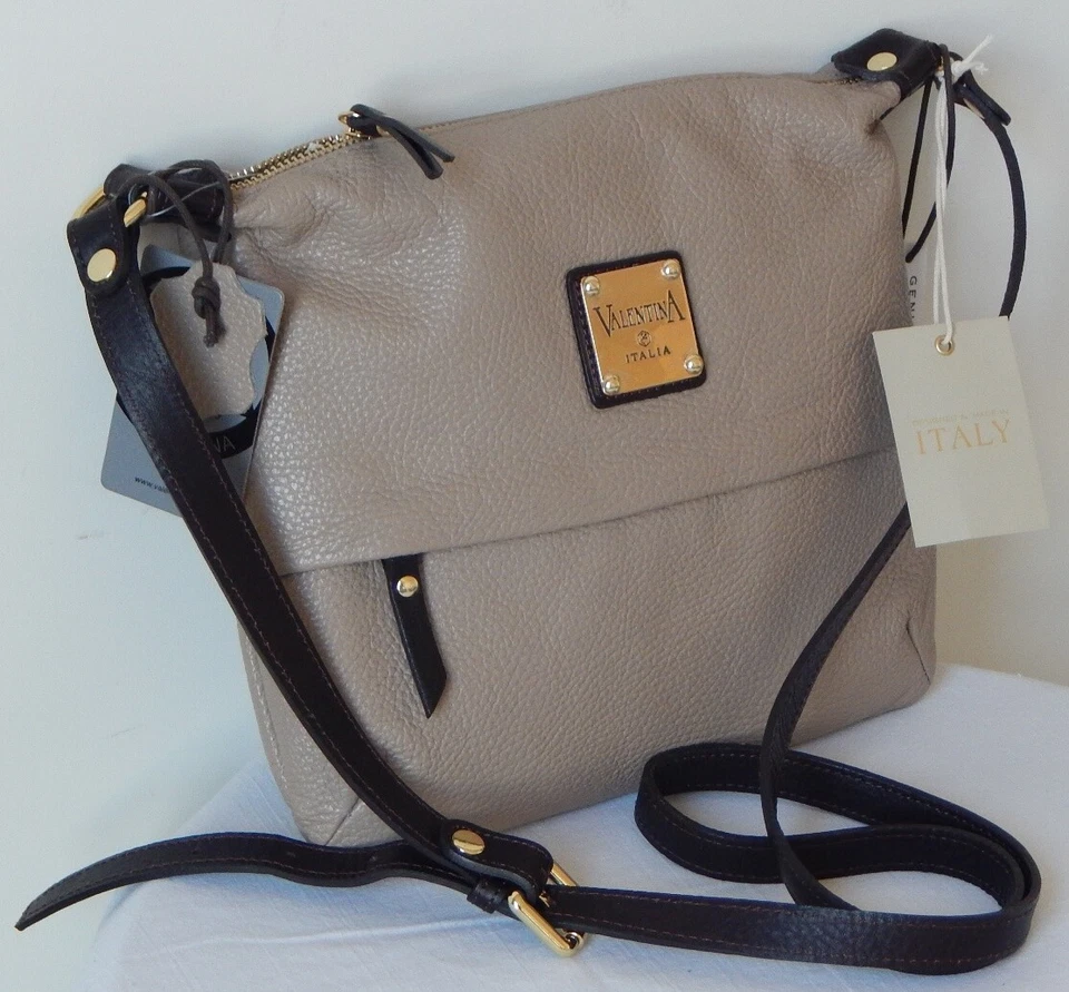 NUEVO CON ETIQUETAS VALENTINA Hecho en Italia Cuero Top Cremallera Amarillo Taupe Bandolera Bolso de Mano Foto 4 de 4