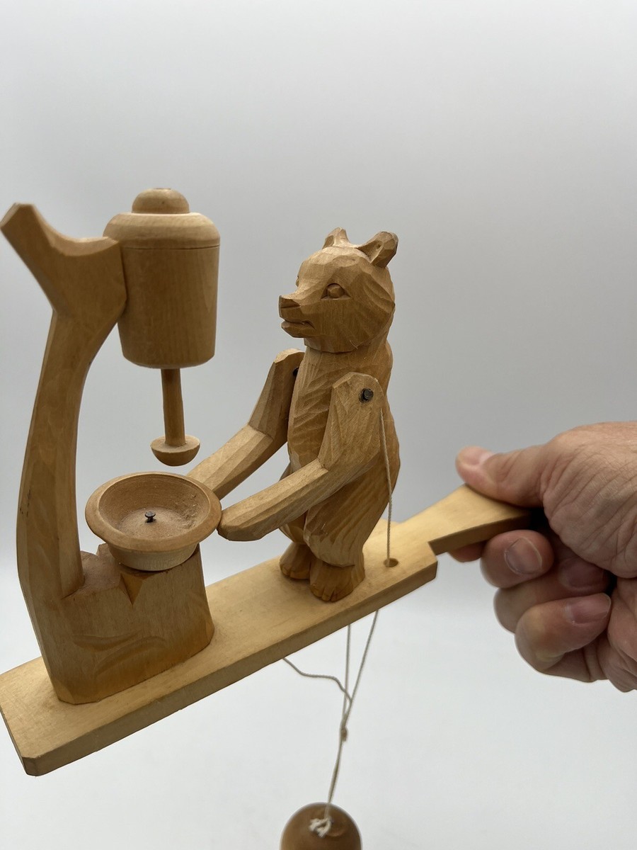 Vintage Russian Bogorodskoye Wooden Bear Cubs Carved Wood Pull Toy