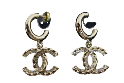 Chanel 23B Gold Crystal Interlocking CC Logo Hoop Dangle