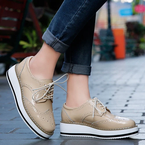 Womens Brogues Oxfords Pumps Platform Creeper Lace Up Wingtip Wedge Heel Shoes - Picture 6 of 28