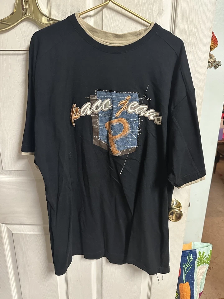 Vtg Paco Jeans T Shirt Size 2xl Black Embroidered Spellout Logo Crew Neck Cotton - Image 4 of 4