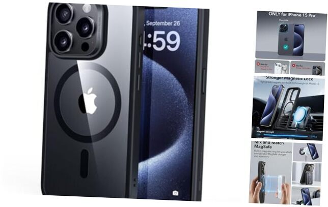 for Case, Compatible with MagSafe, Military-Grade iPhone 15 Pro Clear Black