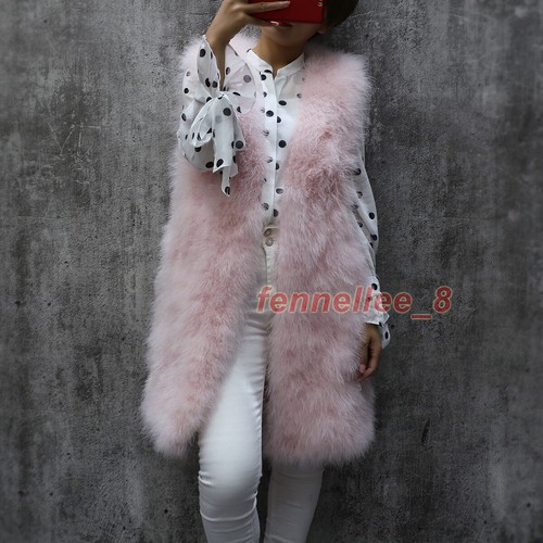 Women's Real Ostrich Feather Fur Vest Furry Mid-long Sleeveless Jacket Waistcoat - Picture 2 of 15