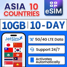 Asia 10 Countries eSIM - 10GB High-Speed, 10 Day JetSim/Travel SIM