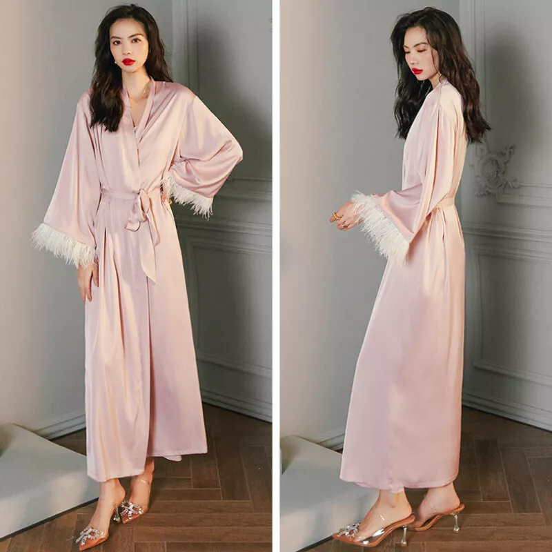 Femme Satin Kimono Peignoir Long Robe de Chambre Ceinture Fausse Fourrure Manche