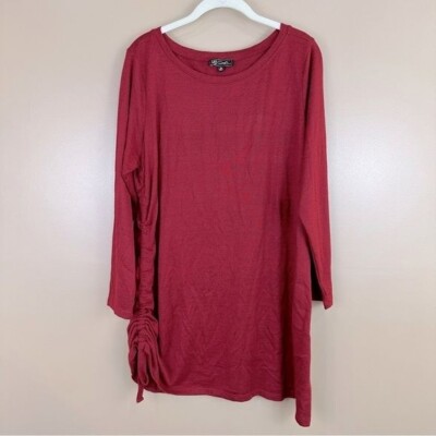 DG2 By Diane Gilman Brick Red Ruched Side Long Sleeve Tunic Top 1X Casual Modest