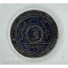 3 Year Alcoholics Anonymous Medallion Black Silver Plated AA Sobriety Chip Coin