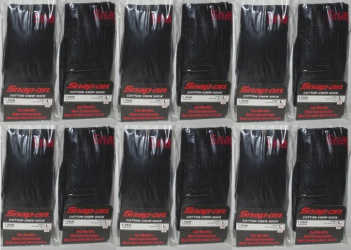 12 Snap-On CREW Socks BLACK LARGE ~ FREE SHIPPING ~ MADE IN USA  12 PAIRS *NEW*