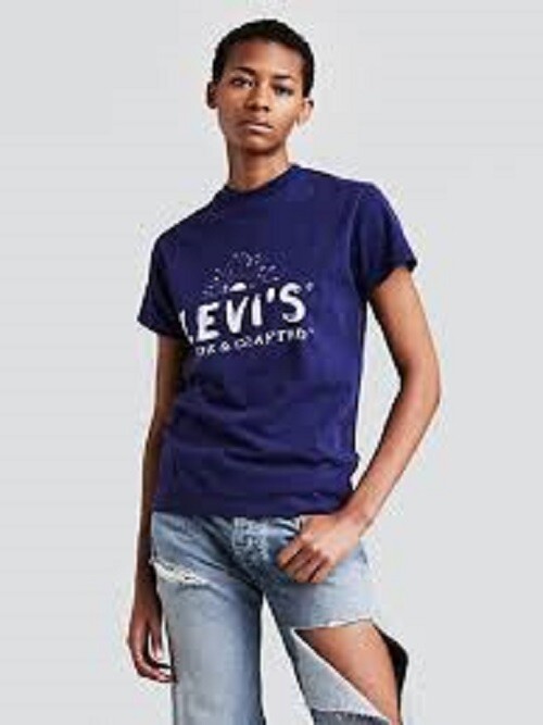 LEVI'S Made & Crafted Logo Boy Tee Tshirt Blue White Distressed Women's 0/XS $88