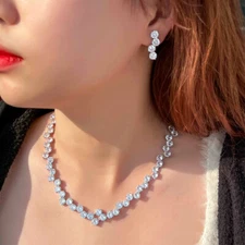 Shiny CZ Round Necklace Earrings Silver Plated Cubic Zirconia Bridal Jewelry Set