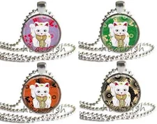 MANEKI NEKO Japanese Fortune Lucky Cat 1 Inch Glass Photo Pendant Accessory