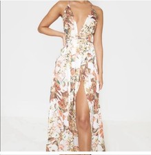 Pretty Little Thing- White Floral Print Chiffon Halter Maxi Dress- Sz 10 (US) 