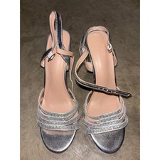 Sparkly Silver Block Heel Sandals Women's Rhinestone Ankle Strap Shoes